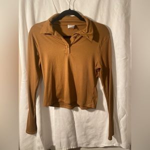 Livi By Olivia Rae Brown Ribbed Cropped Polo Long Sleeve Shirt